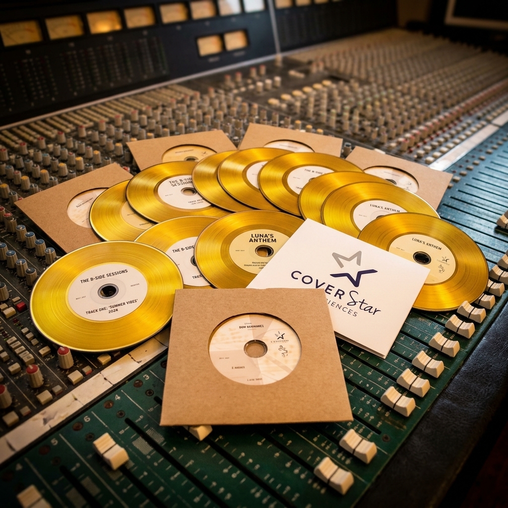 Custom Gold and Black Vinyl-Style CDs with CoverStar Experiences branded presentation card on studio mixing console