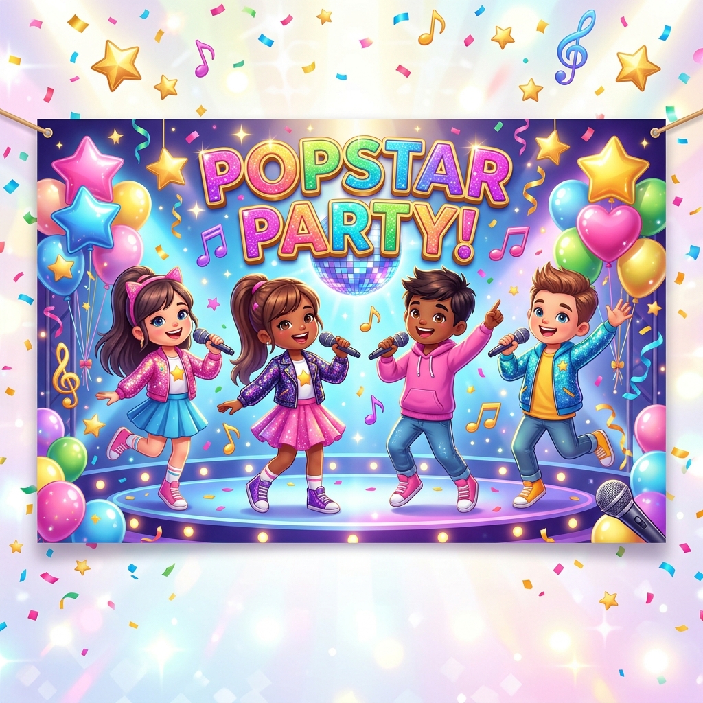 Party celebration graphic banner with confetti and disco lights