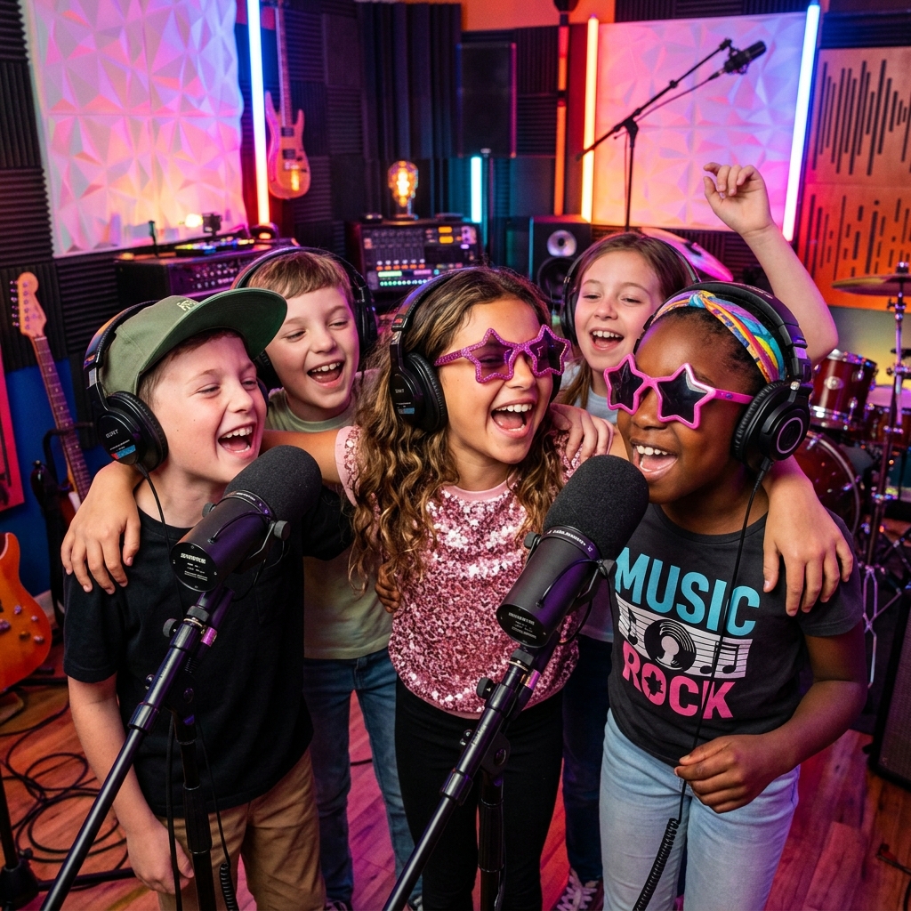 Happy kids having fun recording together in studio
